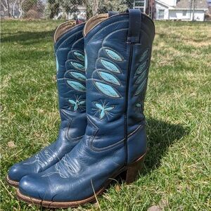 Vintage Blue Cowboy Boots inlay sassion leather blue 7.5 8 acme Larry mahan